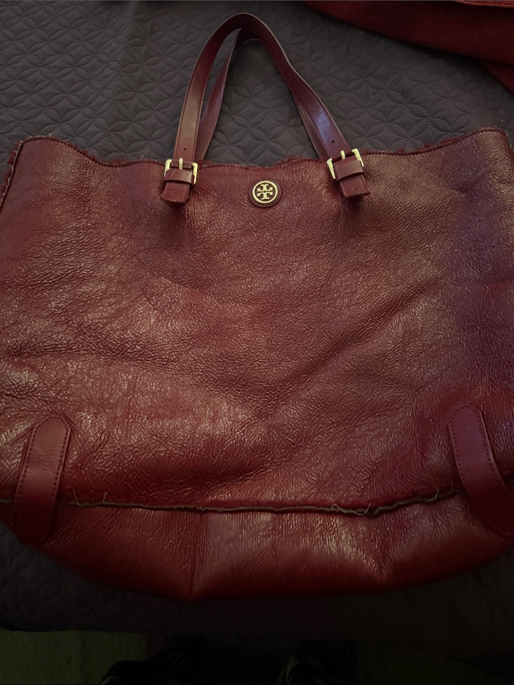Tory Burch leather shearling lined Tote